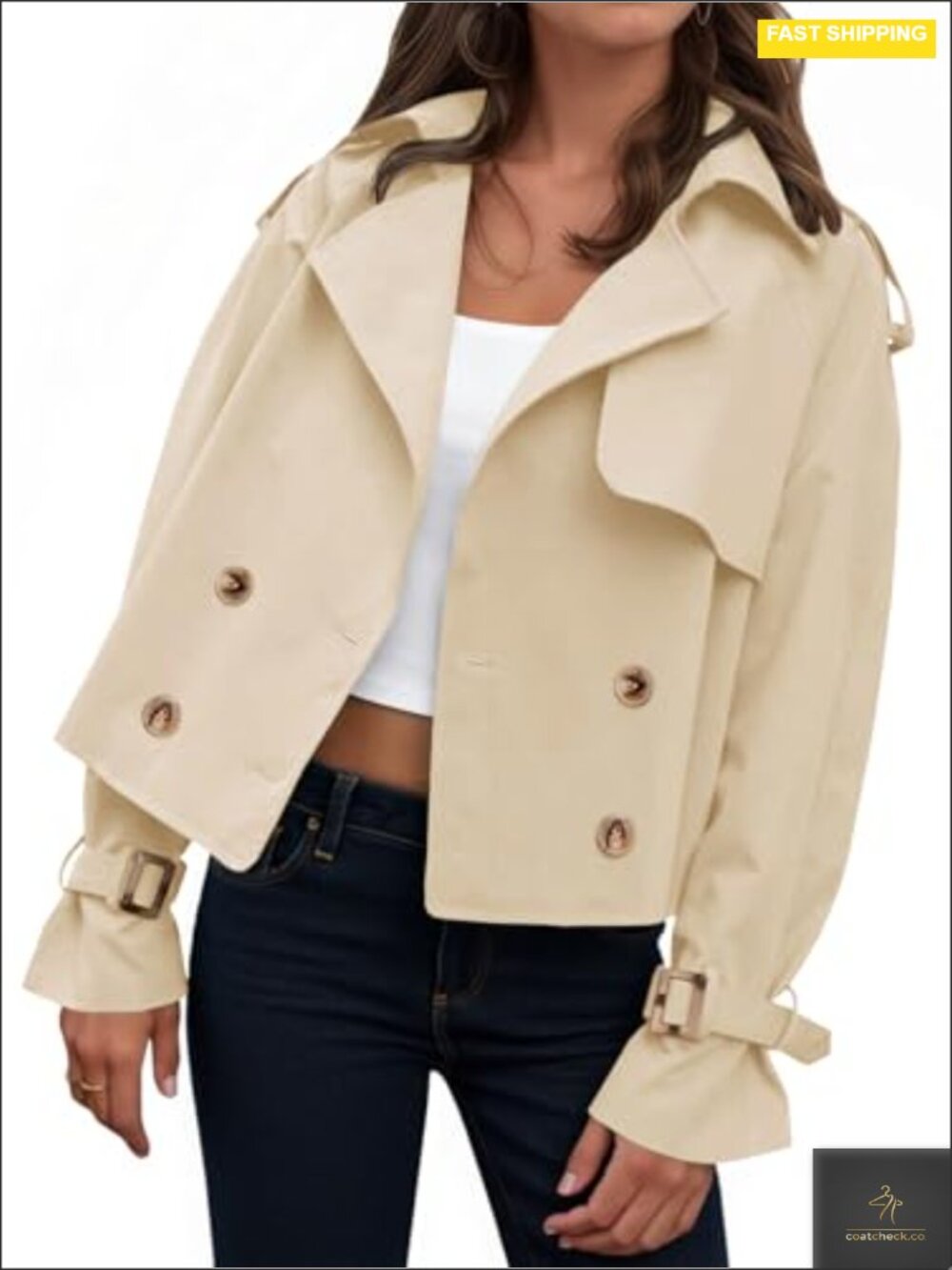 Oversized Cropped Women's Trench Coat Double Breasted Vintage Lapel Jacket 100%